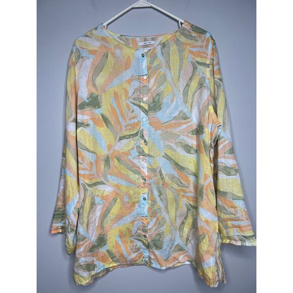 Rachel Zoe 100% Linen Tunic Shirt Button Up Pastel Floral Roll Tab Plus Size 1X - Picture 2 of 8